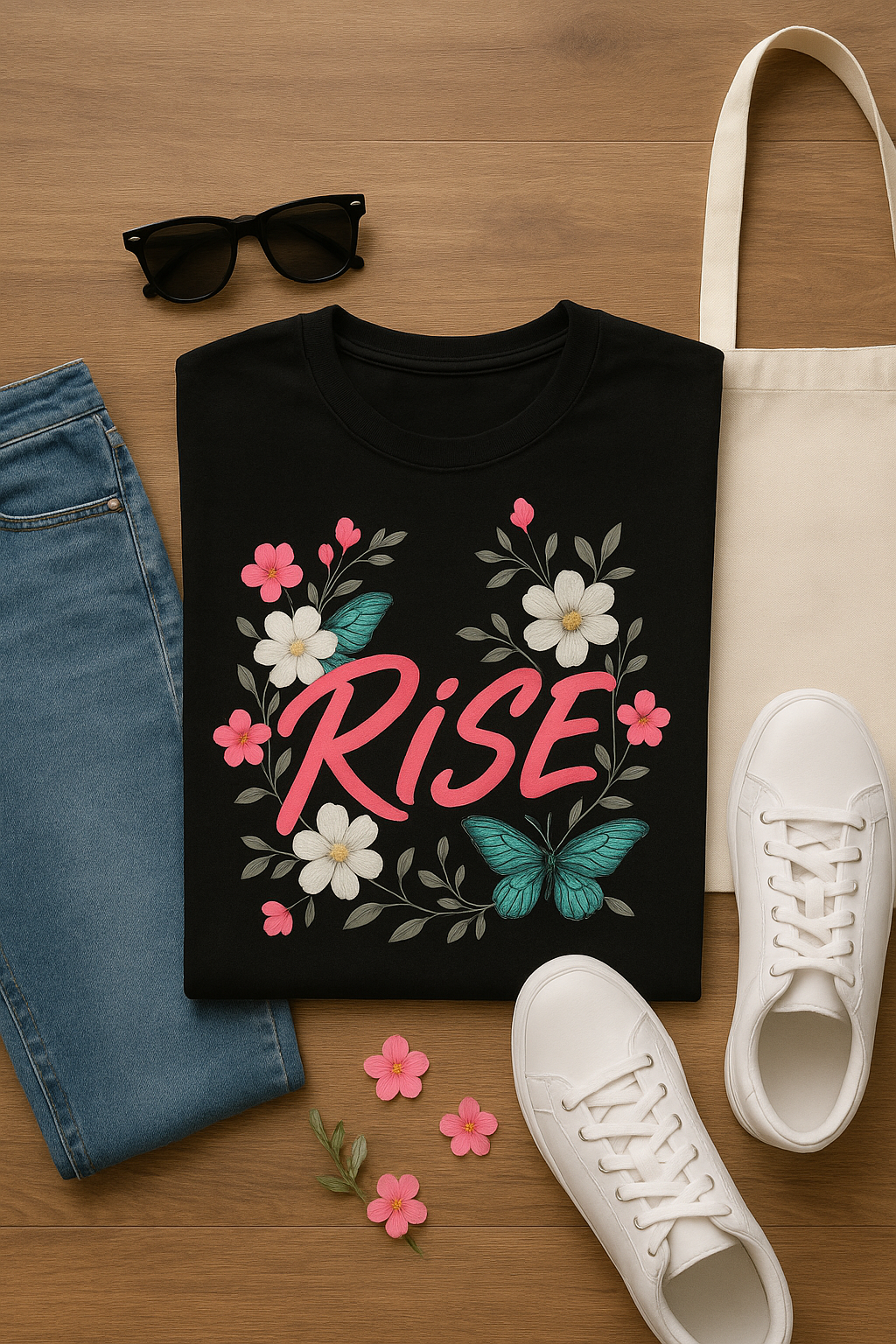 Rise & Flourish: Vibrant Floral Butterfly Tee