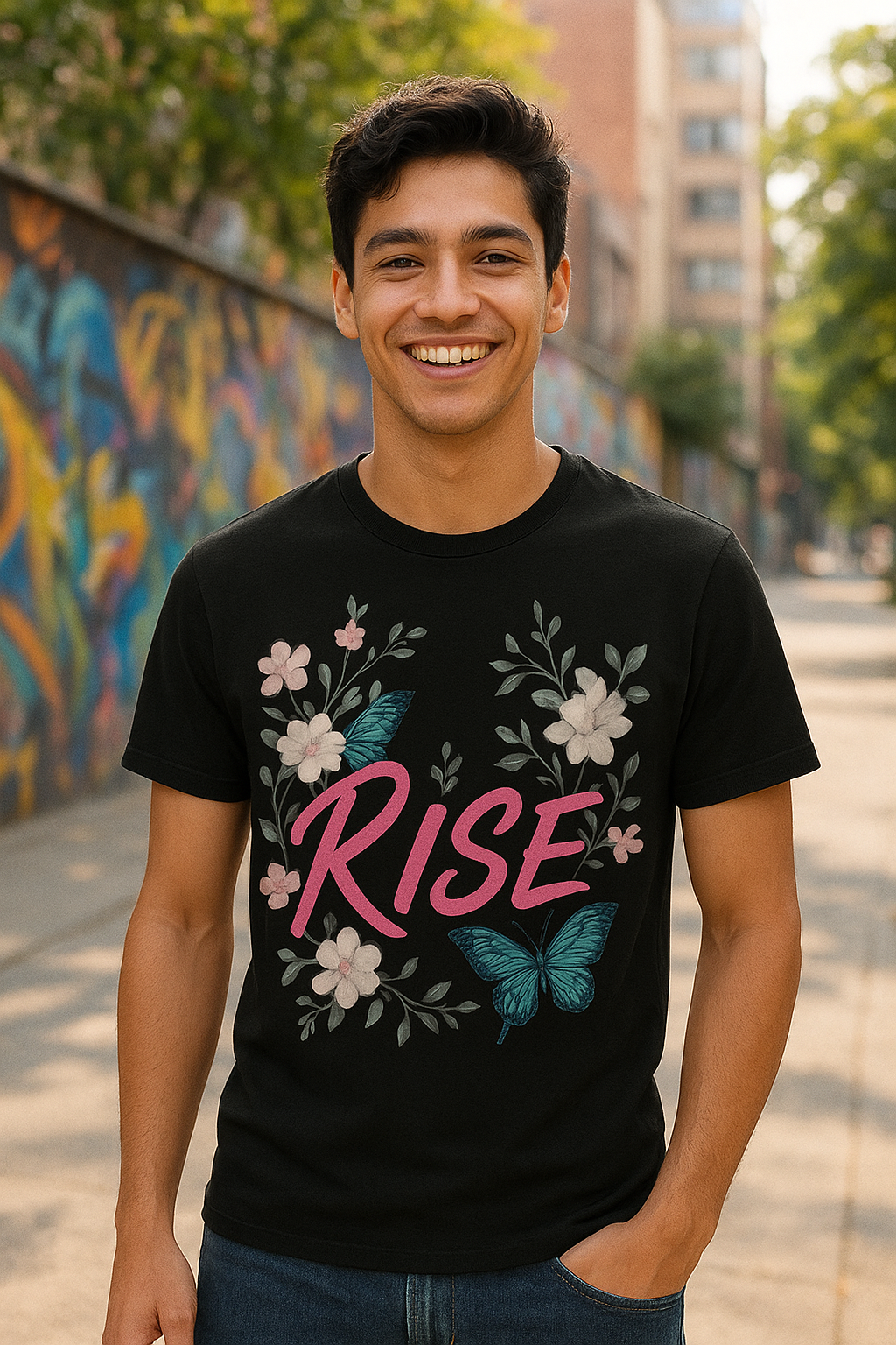Rise & Flourish: Vibrant Floral Butterfly Tee